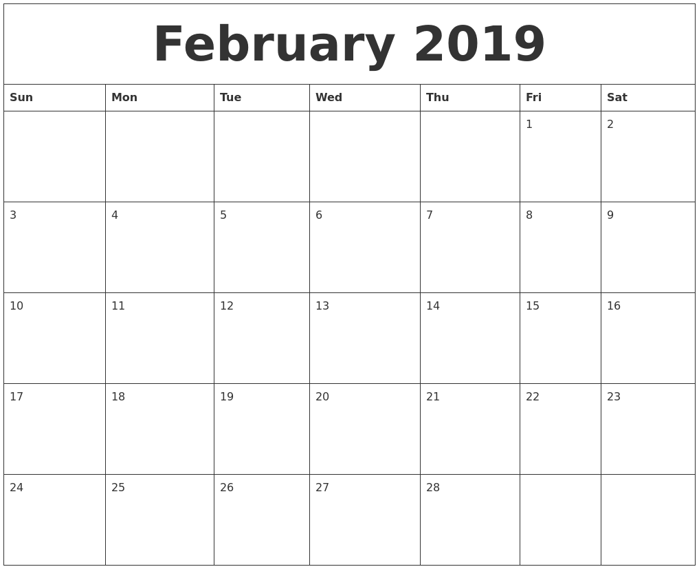 February 2019 Calendar Print