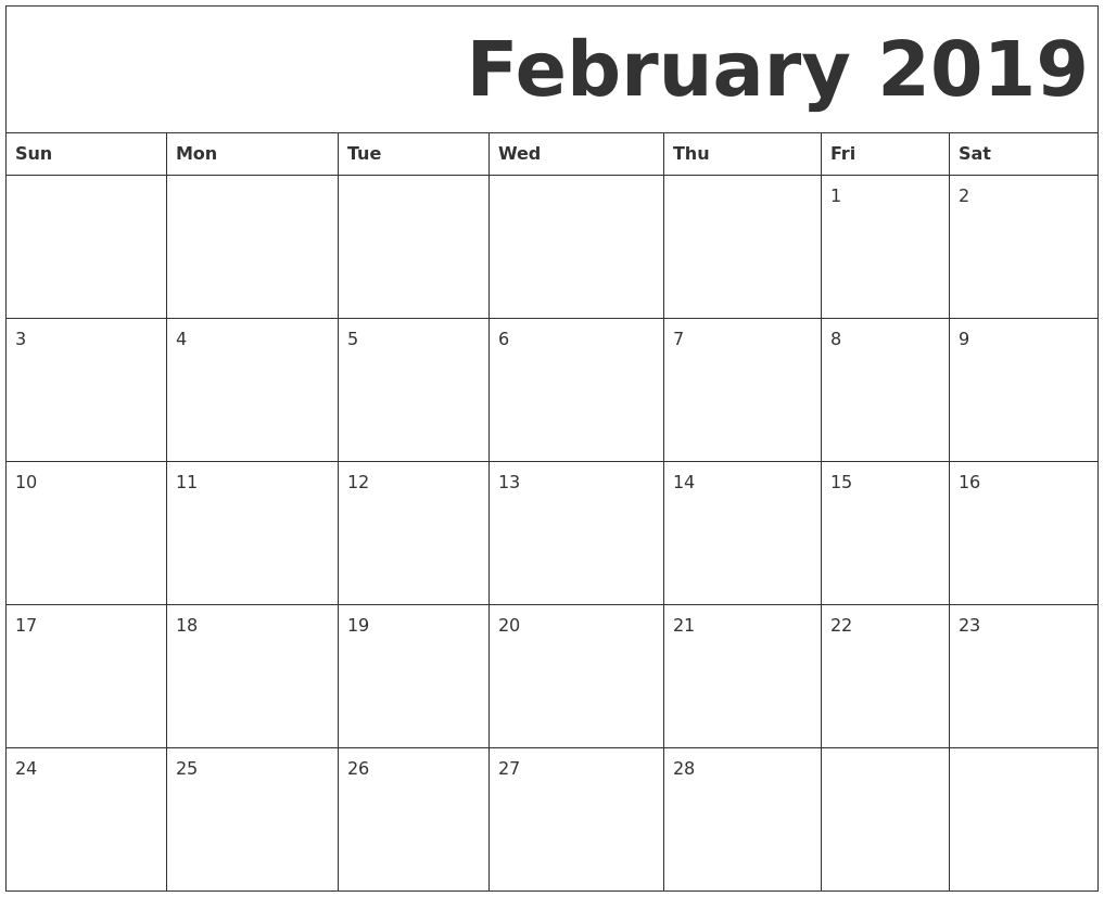 Printable February Calendar 2019