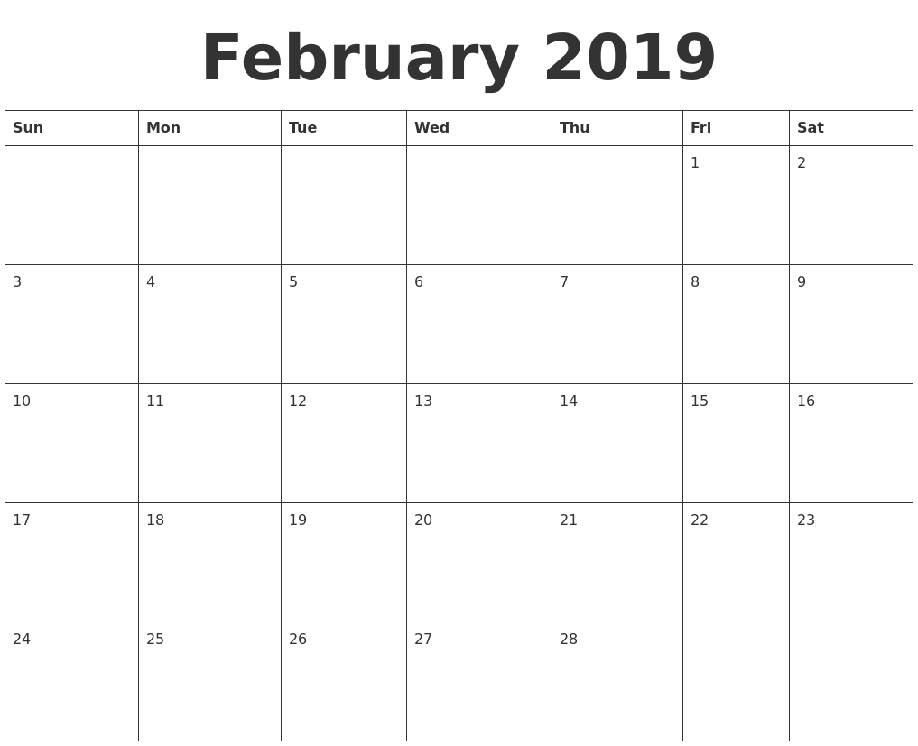February 2019 Month Calendar Template