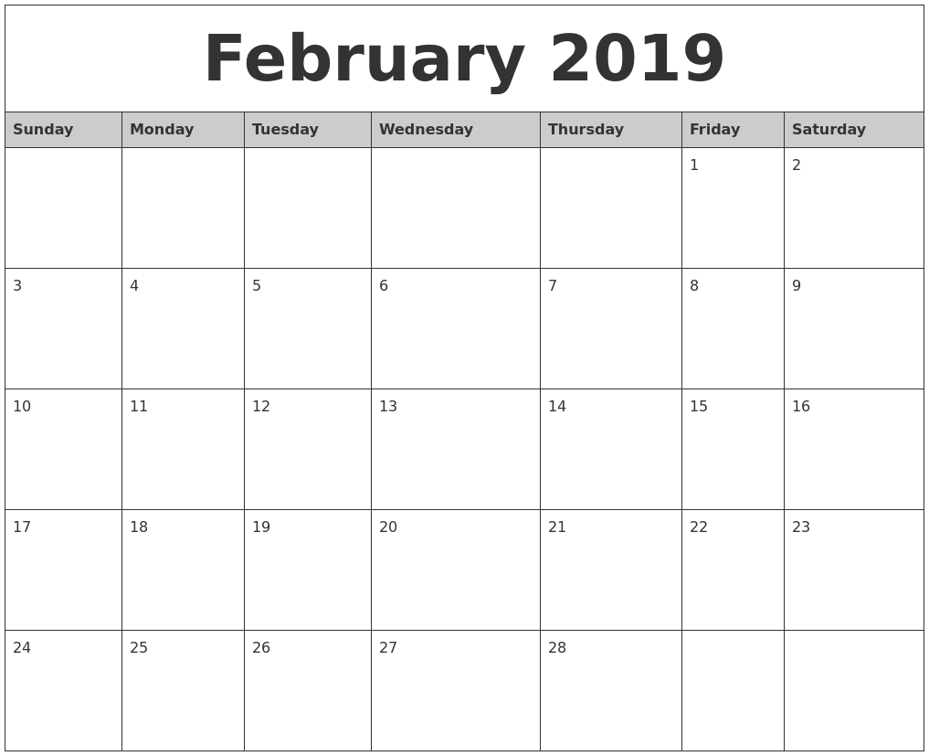 Printable Monthly Calendar 2019 | february 2019 monthly calendar printable Printable Monthly Calendar 2019 | february 2019 monthly calendar printable
