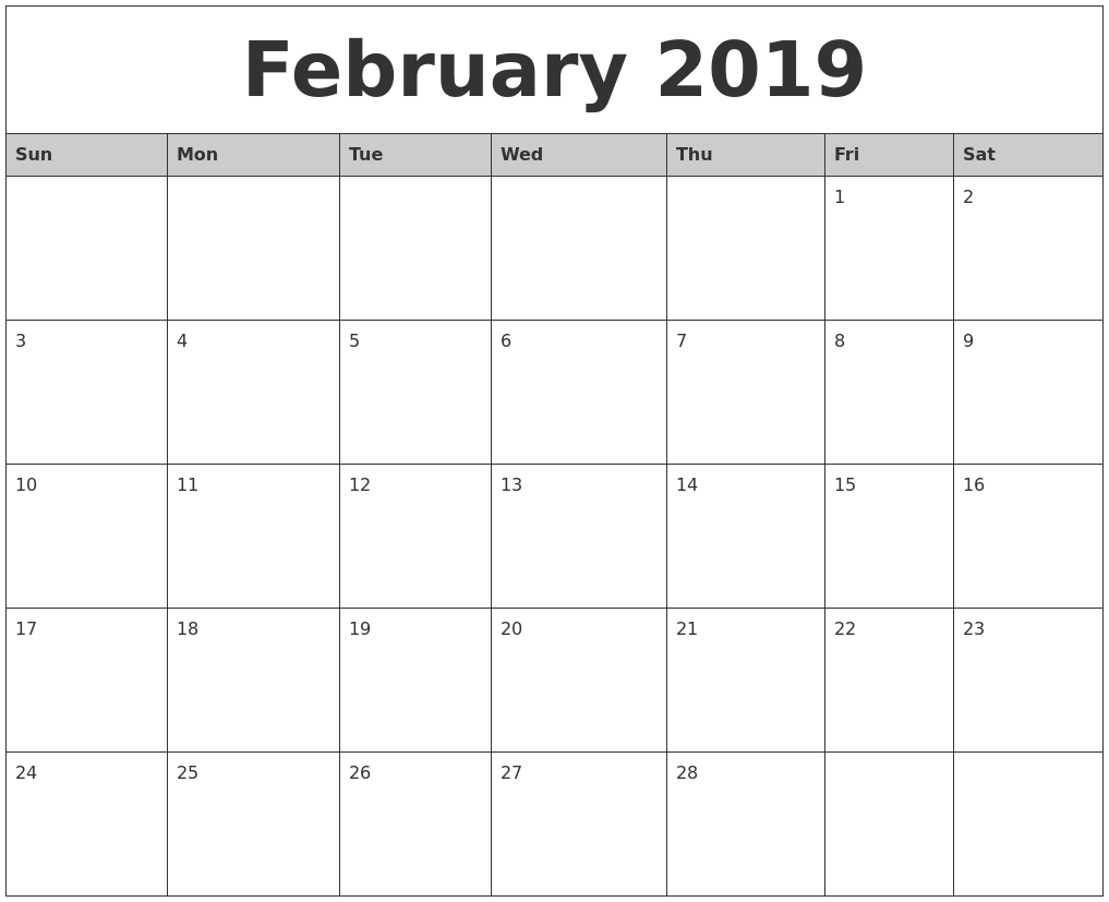 Printable February 2019 Calendar