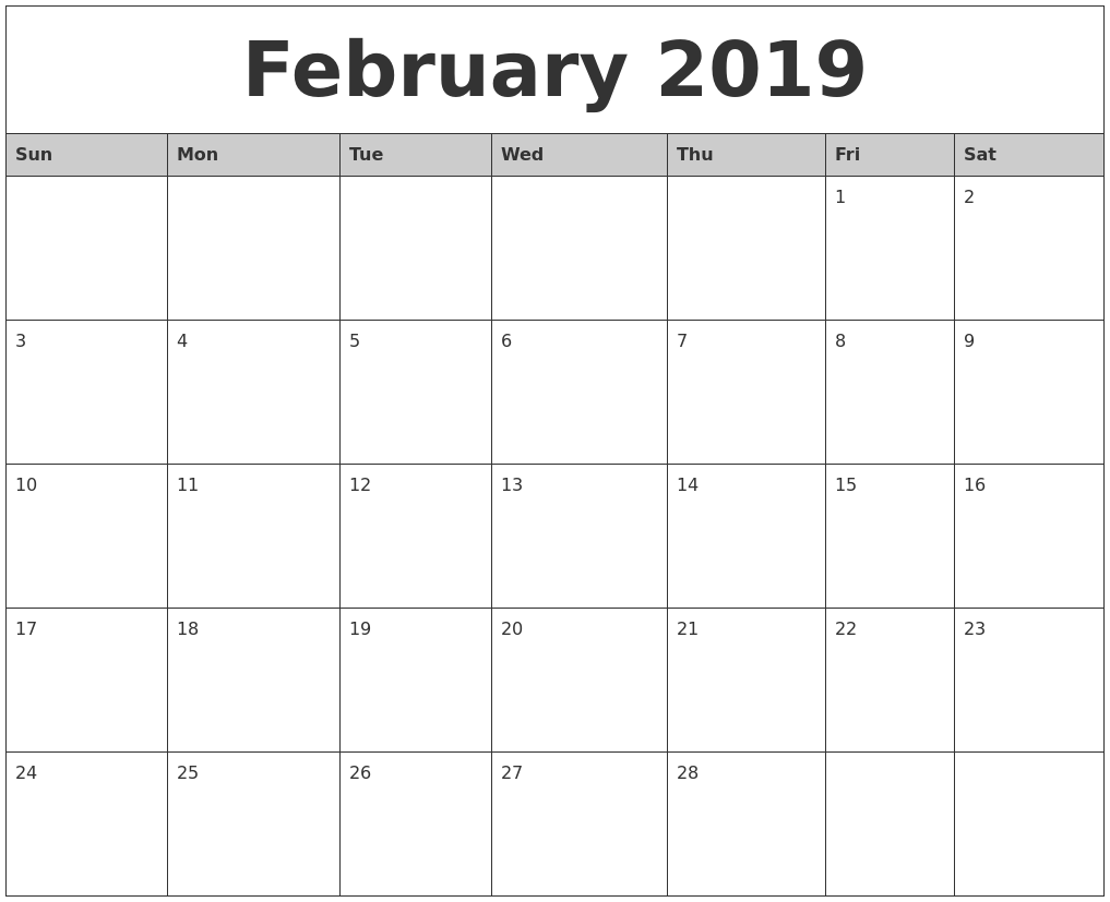 February 2019 Monthly Calendar Printable