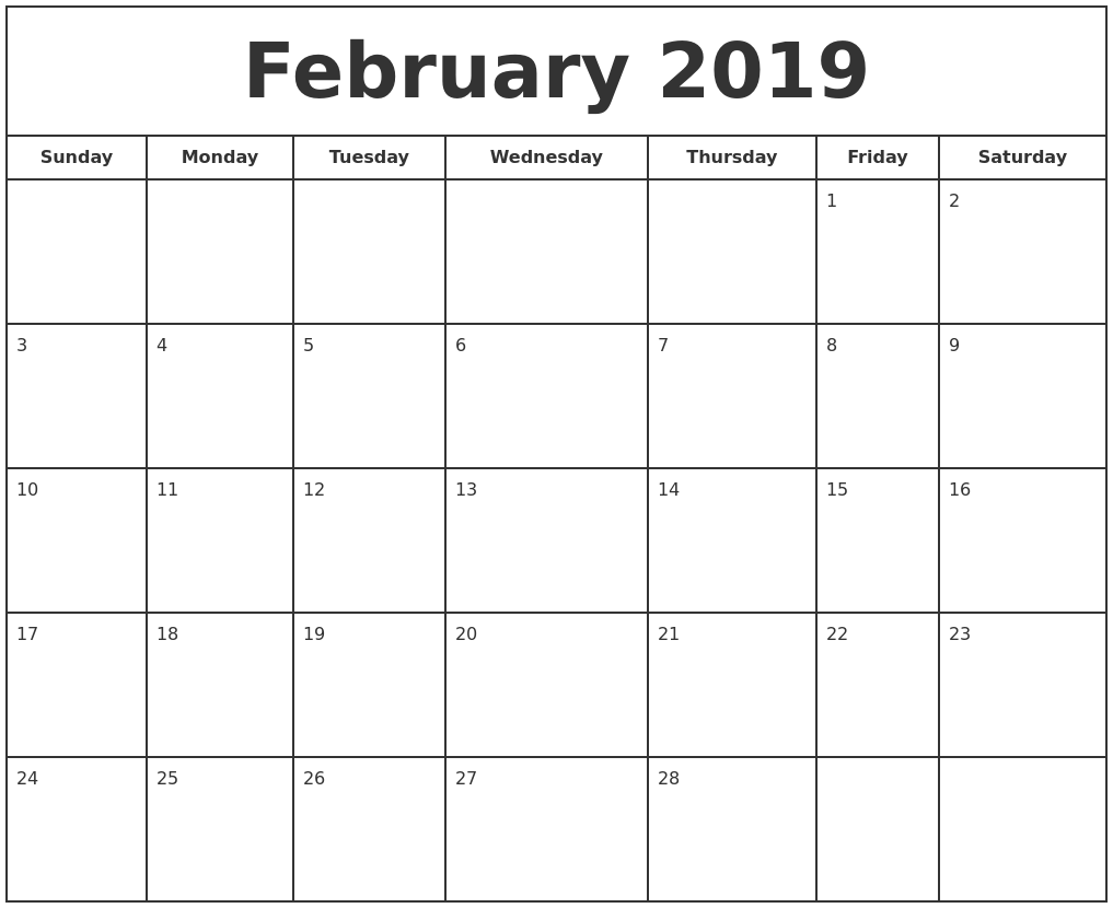2019 February Calendar Print