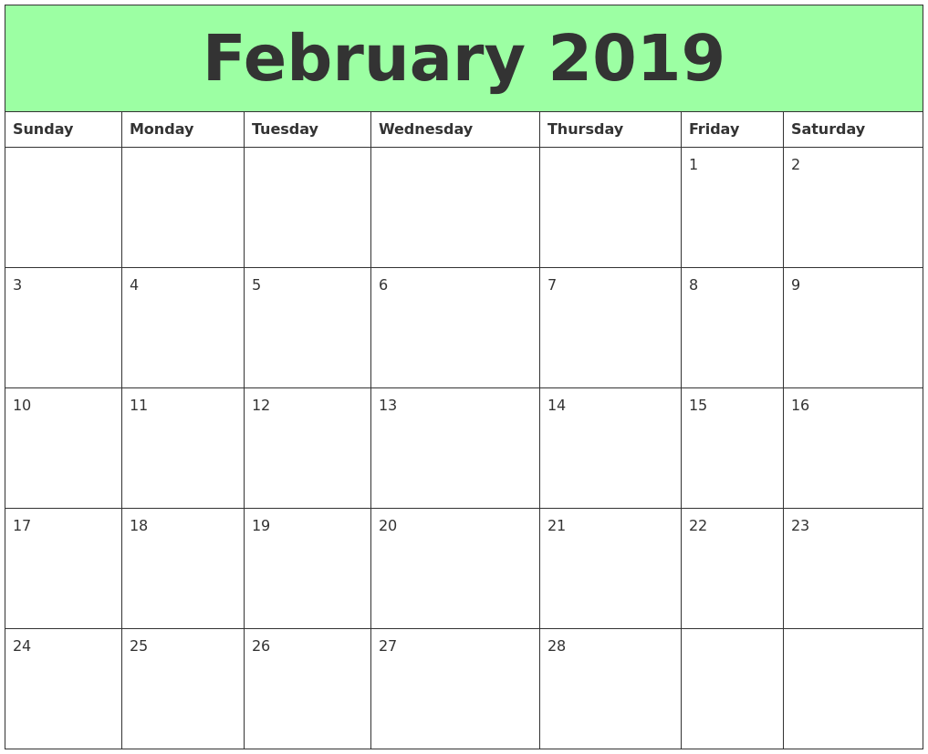 February 2019 Printable Calendar 402