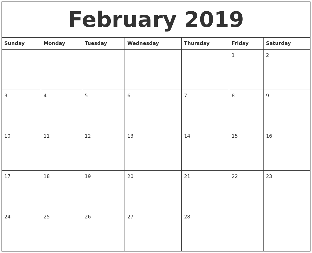 February 2019 Calendar Singapore