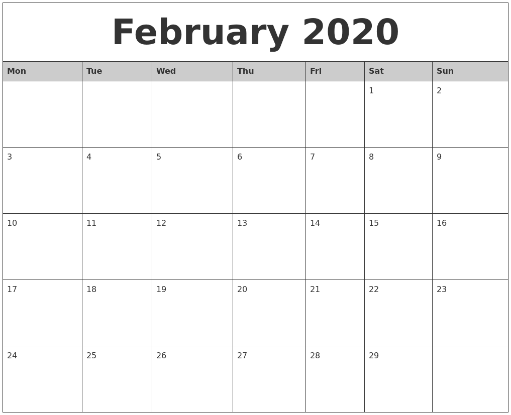 february 2020 monthly calendar printable printable monthly calendar template 2020