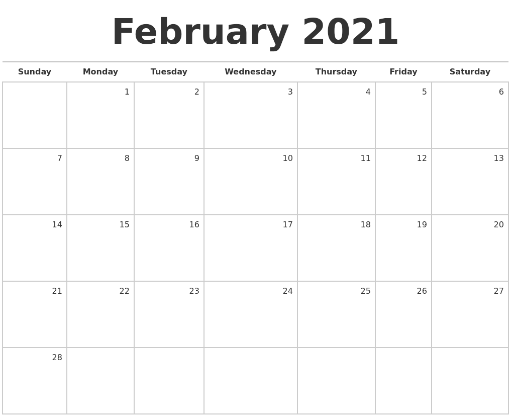 February 2021 Blank Monthly Calendar Est on saturday, february 27, 2021. calendar zoom