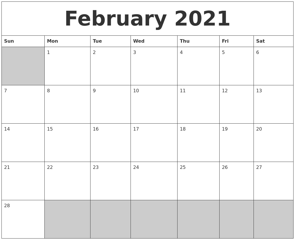 February 2021 Blank Printable Calendar February 2021 Blank Printable Calendar