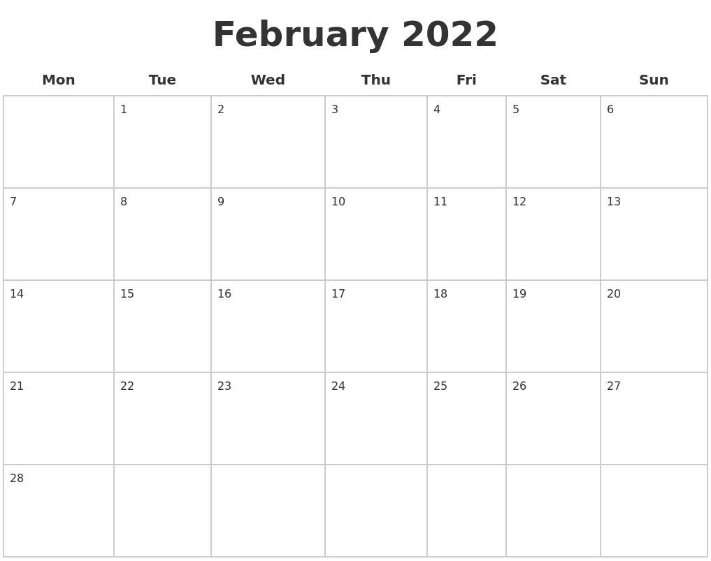 February 2022 Blank Calendar Pages