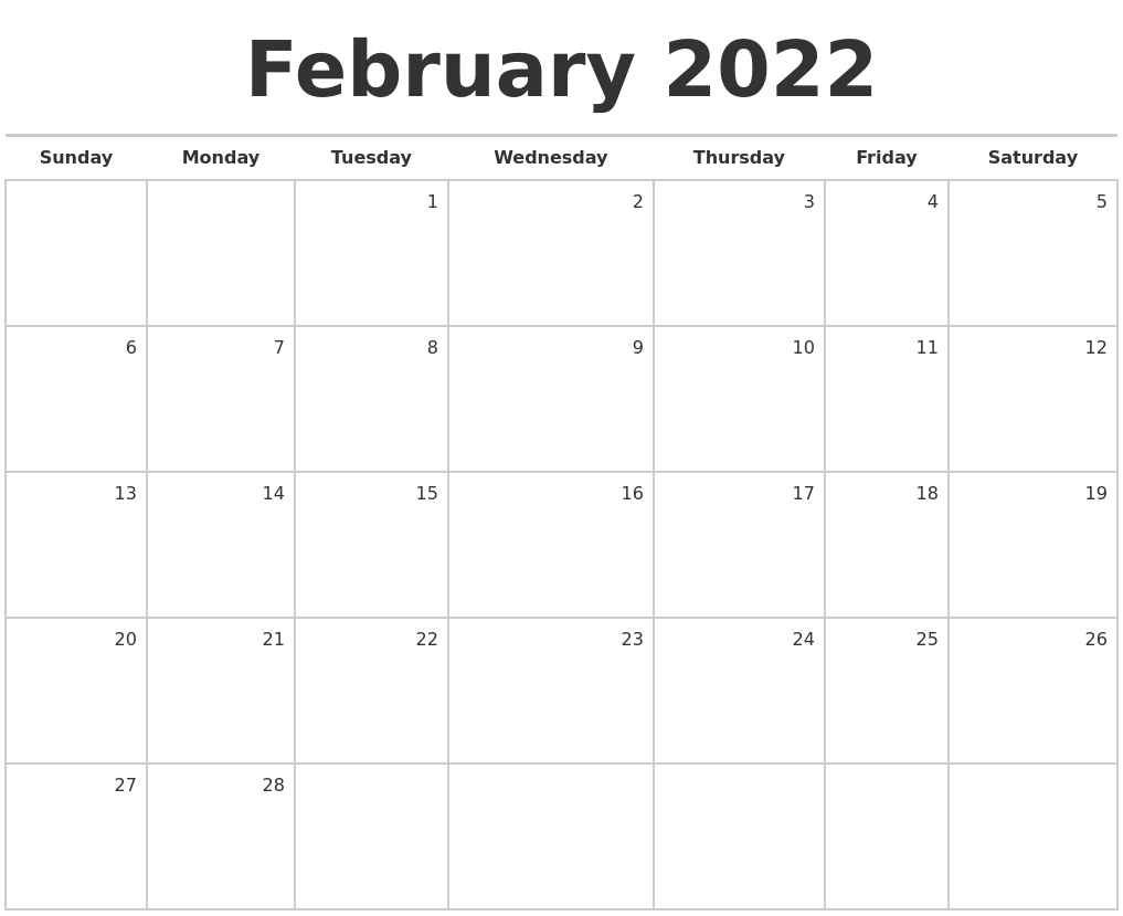 February 2022 Blank Monthly Calendar