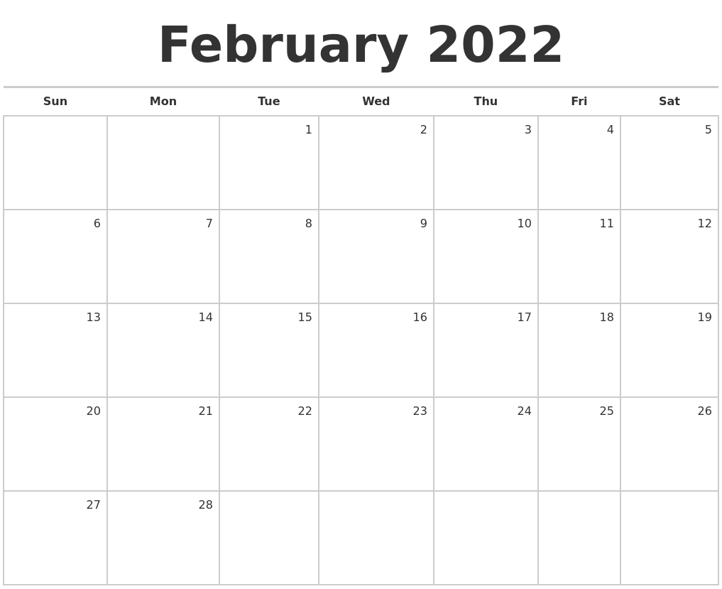 February 2022 Blank Monthly Calendar