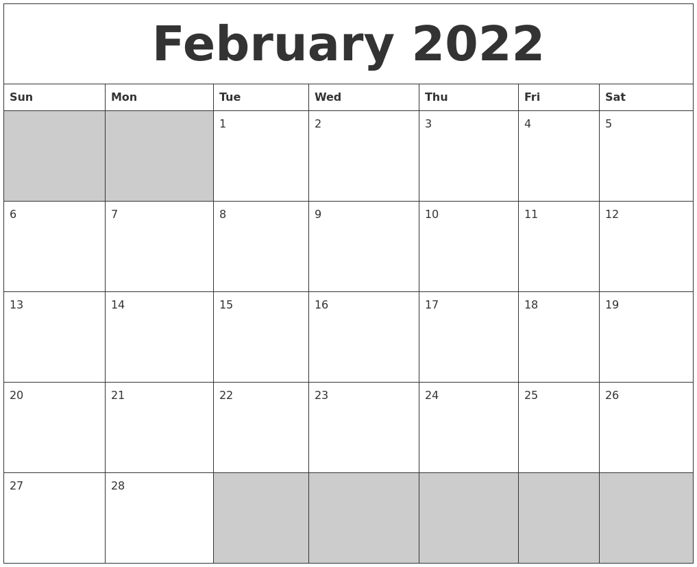 February 2022 Blank Printable Calendar