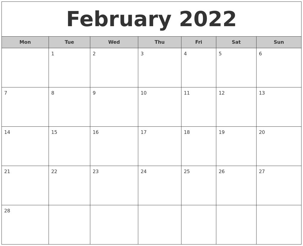 February 2022 Free Monthly Calendar