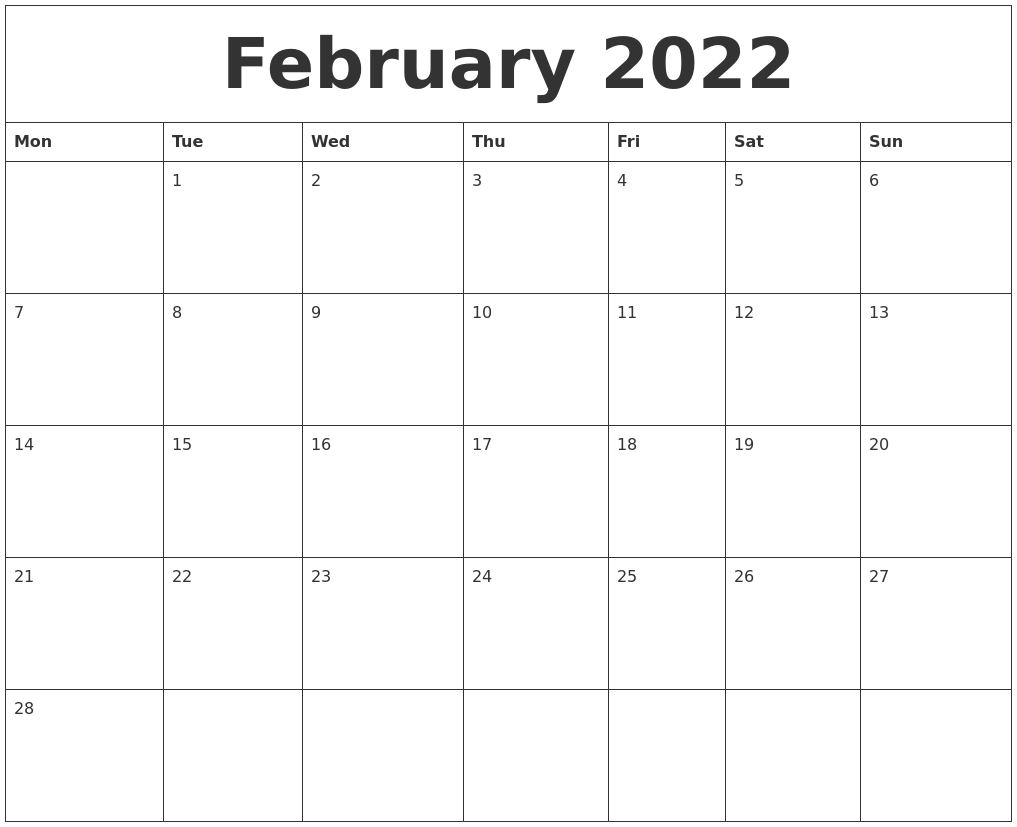 February 2022 Free Online Calendar