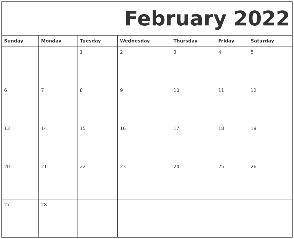 February 2022 Free Printable Calendar