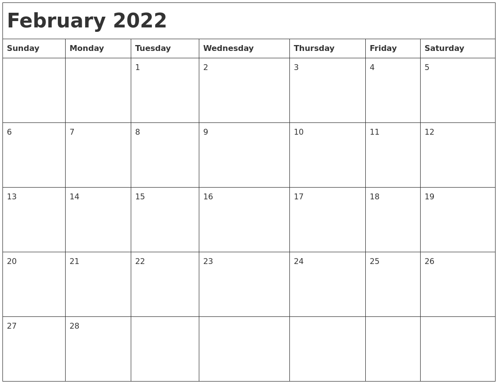 February 2022 Month Calendar