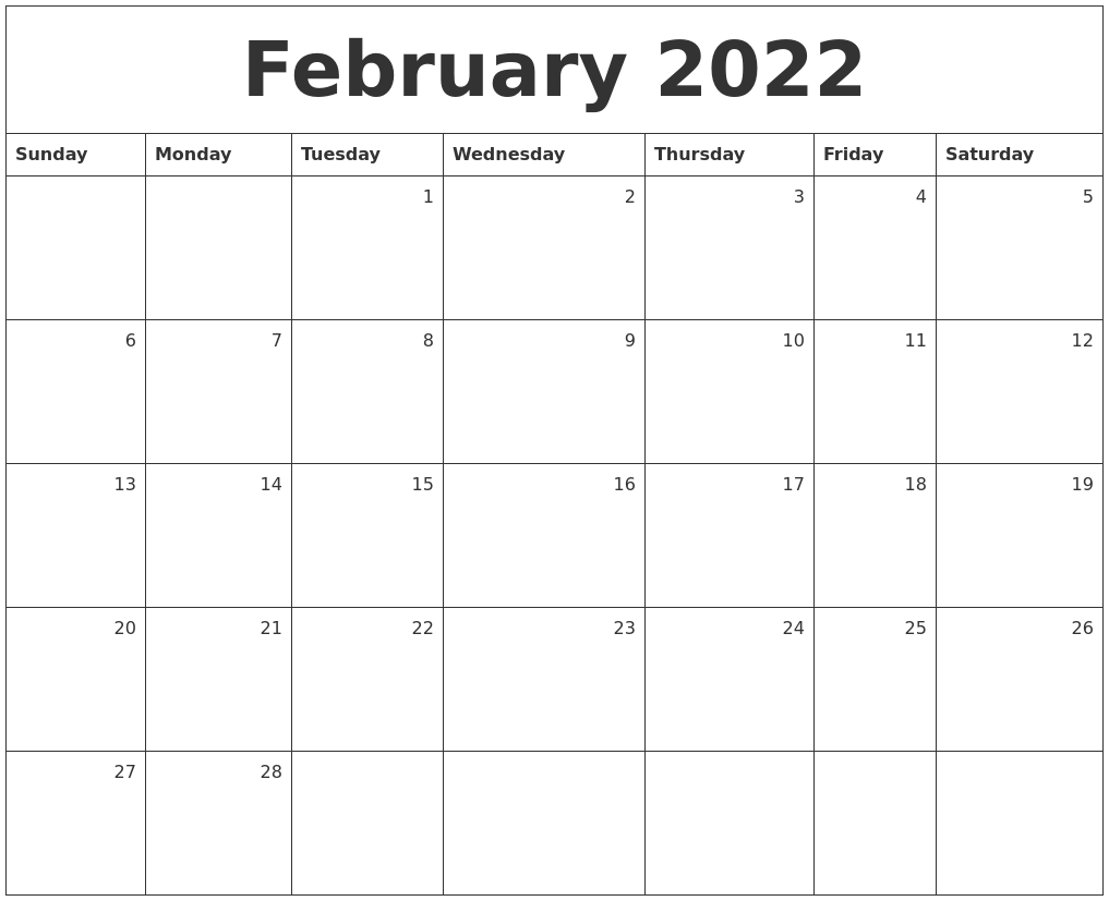 February 2022 Monthly Calendar