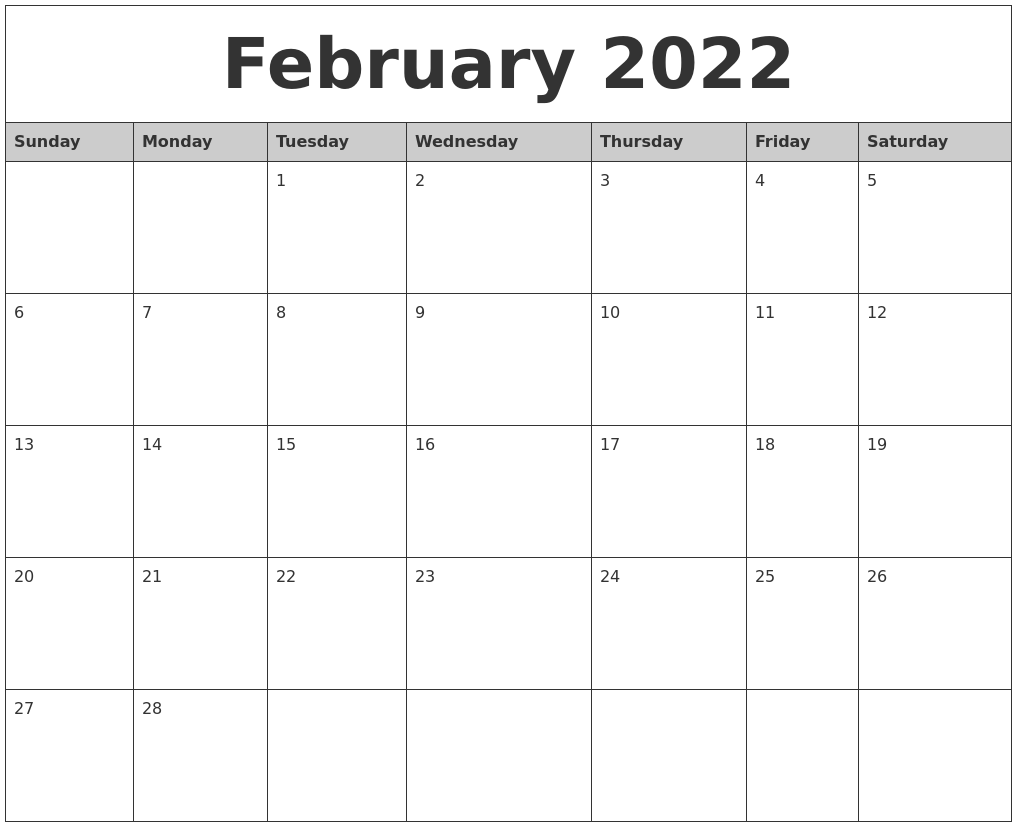 February 2022 Monthly Calendar Printable