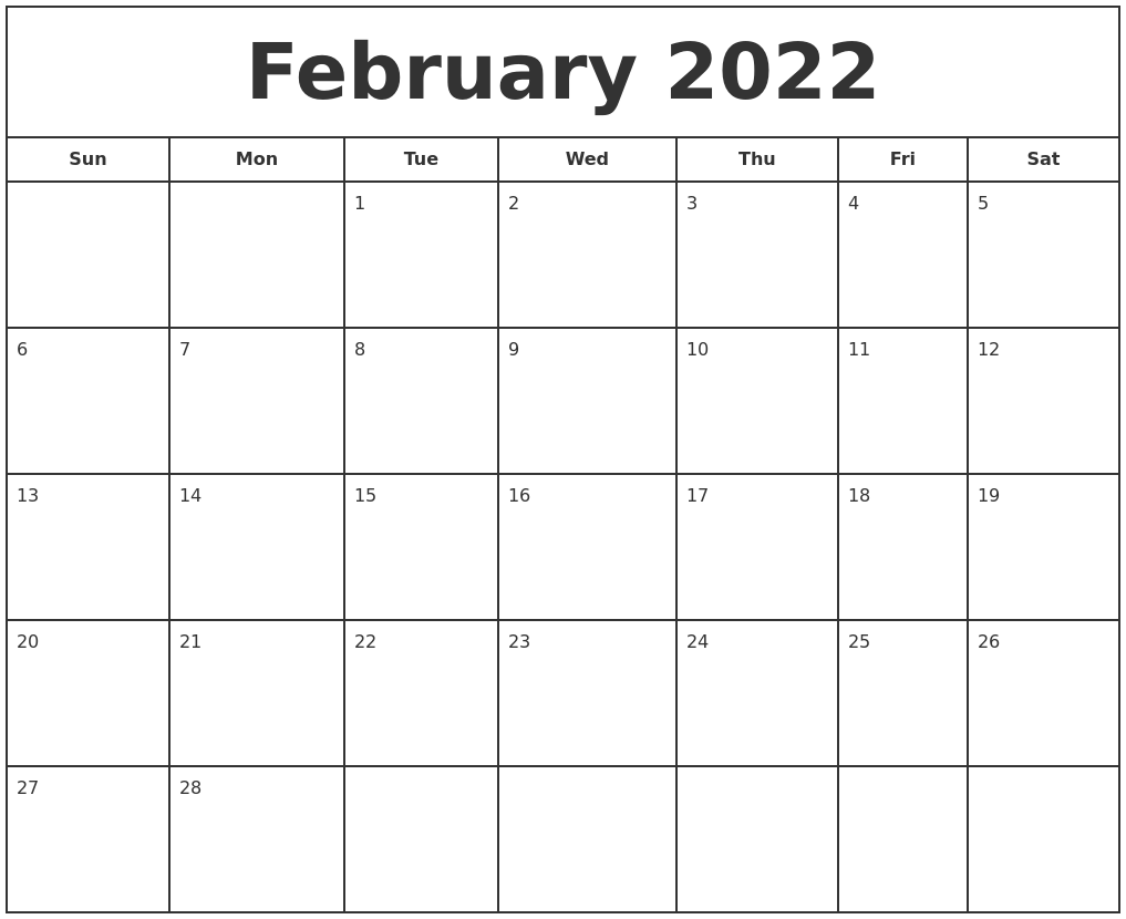 February 2022 Print Free Calendar