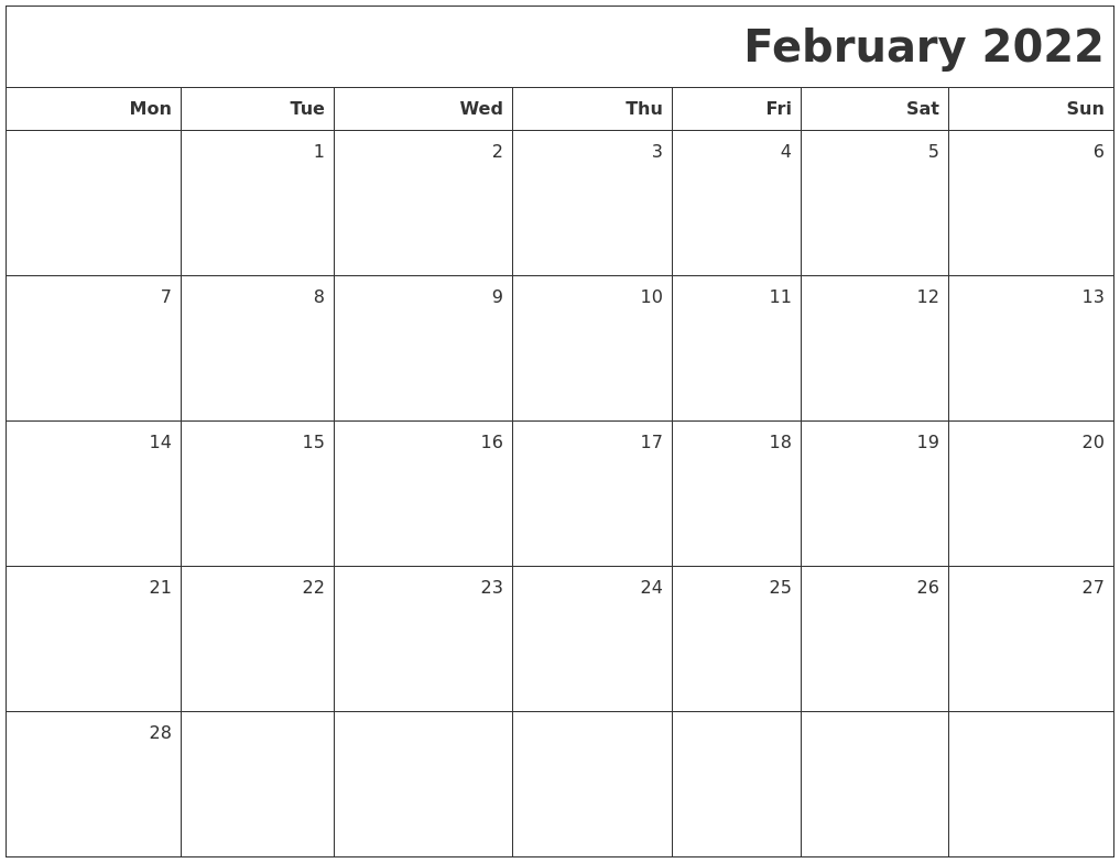 February 2022 Printable Blank Calendar