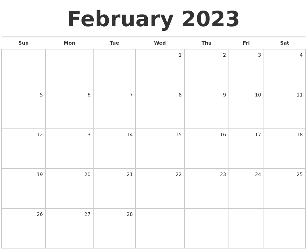 February 2023 Blank Monthly Calendar