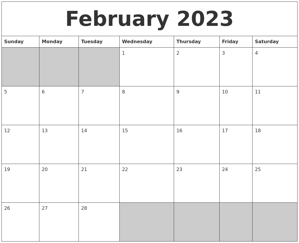 February 2023 Blank Printable Calendar