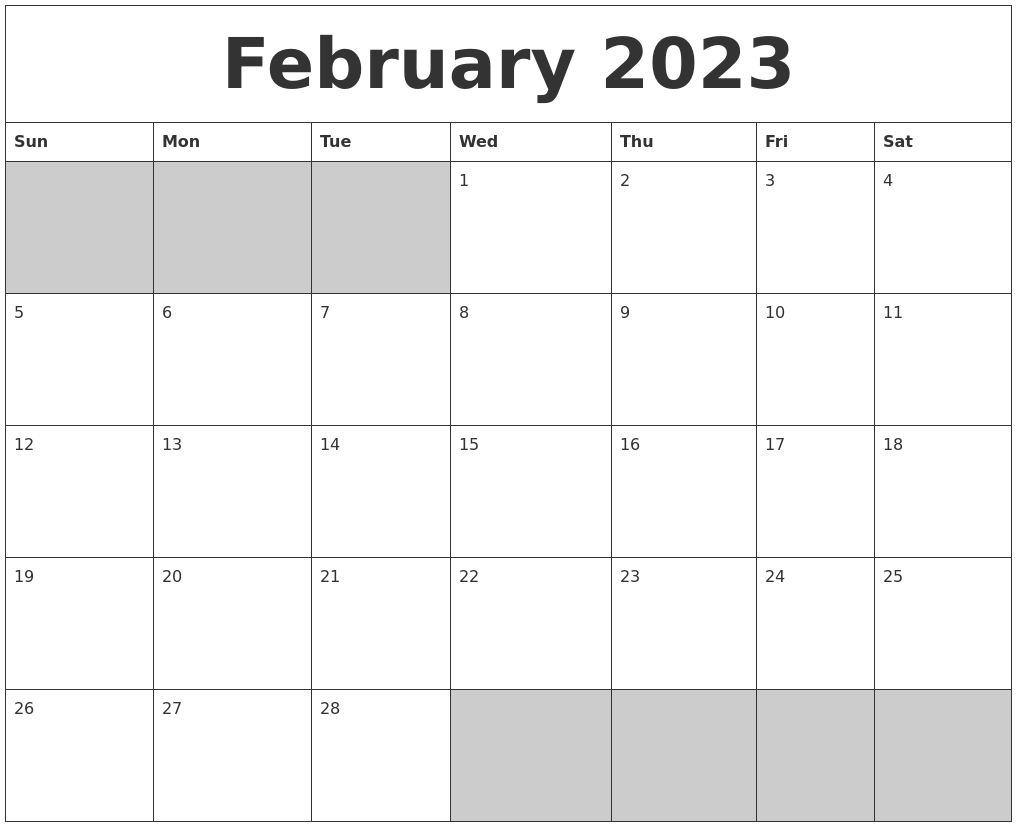 February 2023 Blank Printable Calendar
