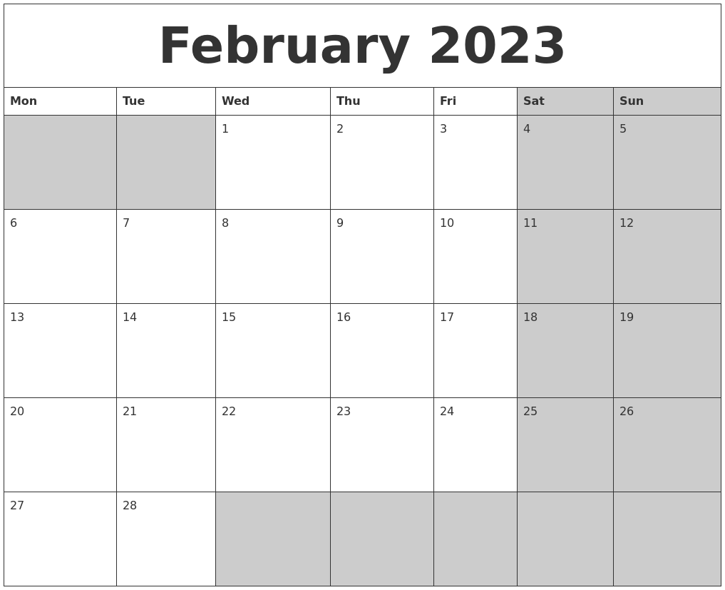 February 2023 Calanders