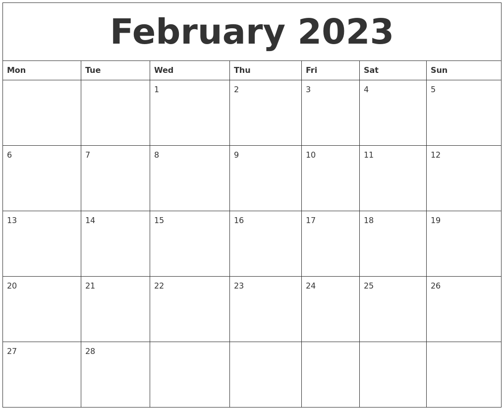 2023 calendar february printable monthly calendars blank print template word pages november december monday pdf start calander 2045 2027 create