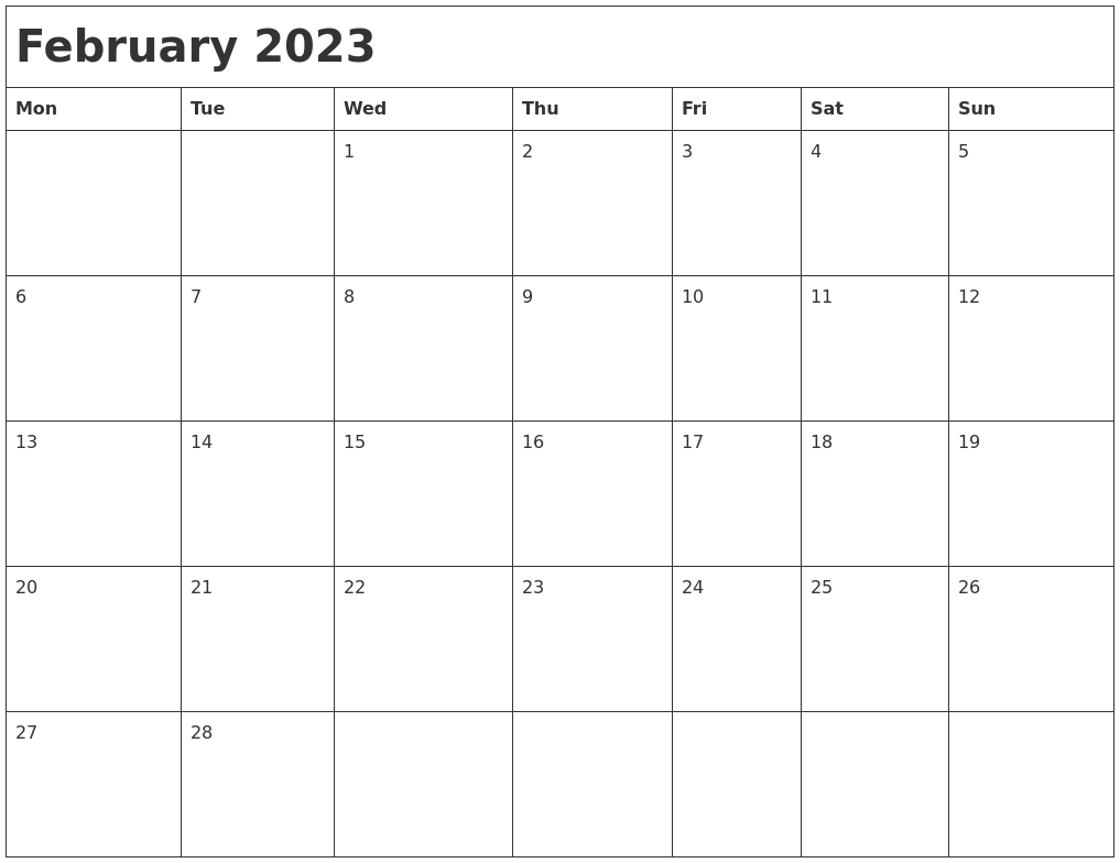 February 2023 Month Calendar