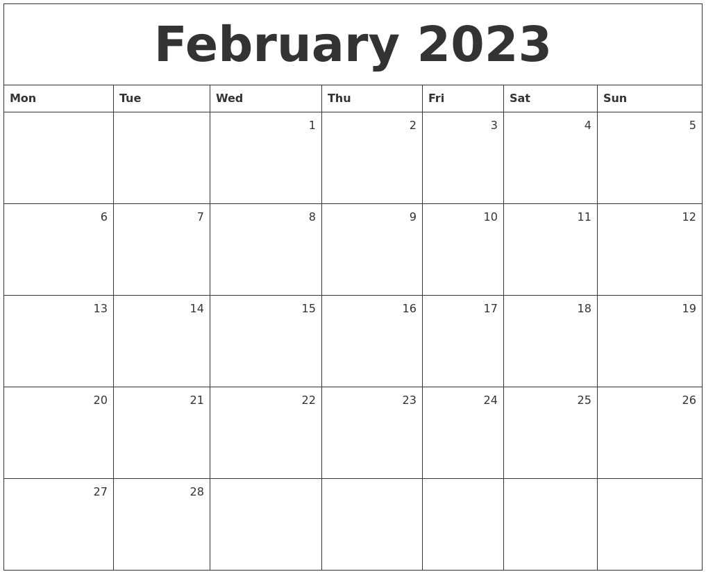 February 2023 Monthly Calendar