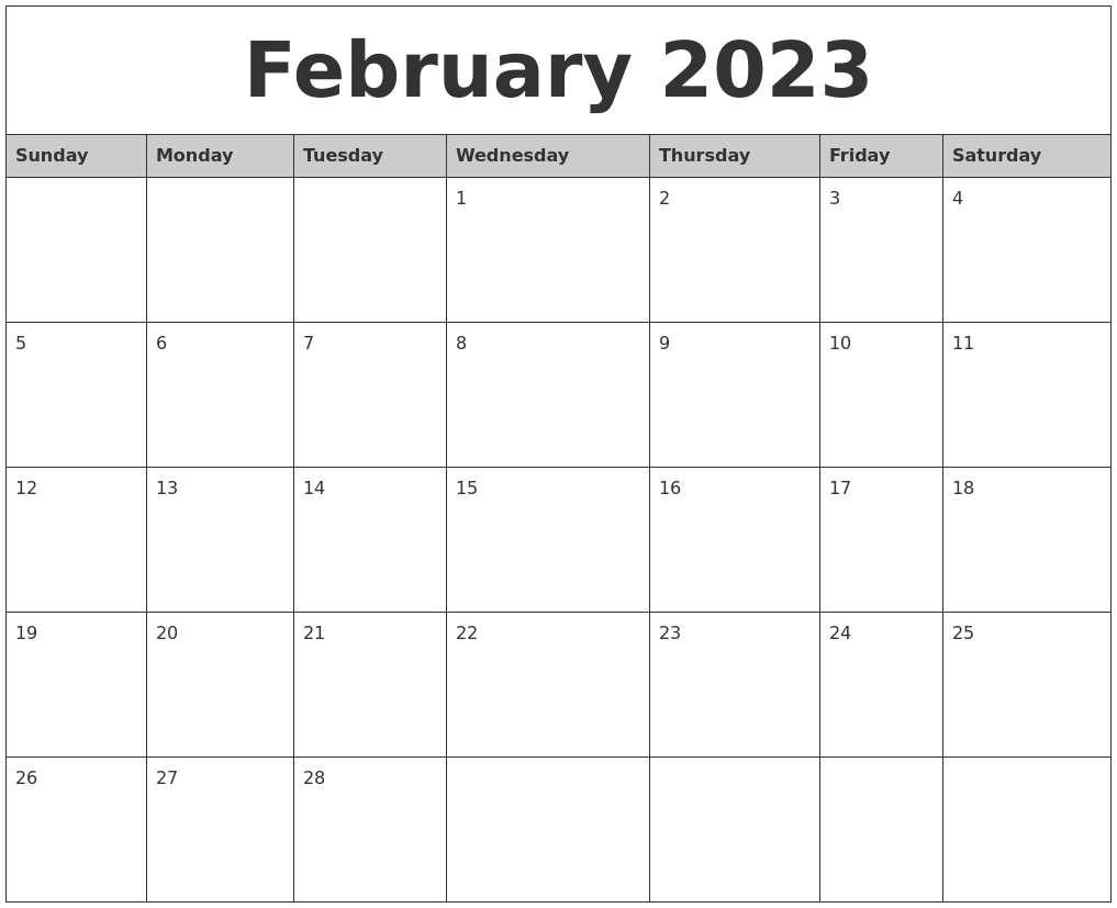 February 2023 Monthly Calendar Printable