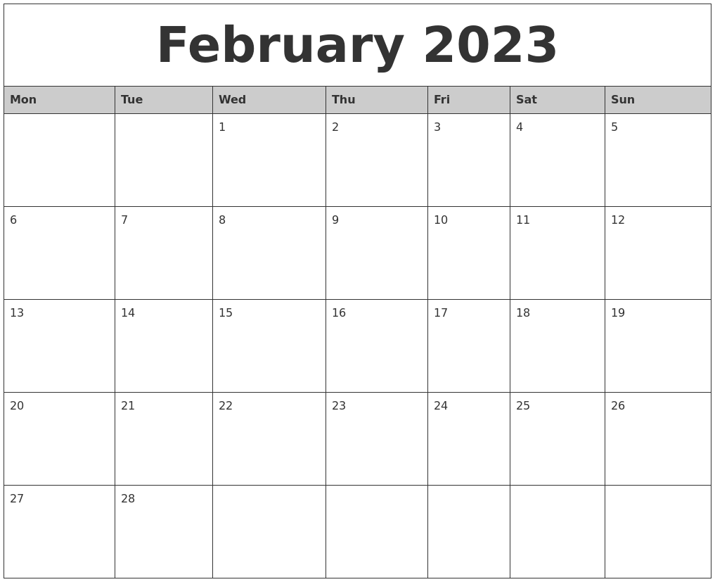 February 2023 Monthly Calendar Printable