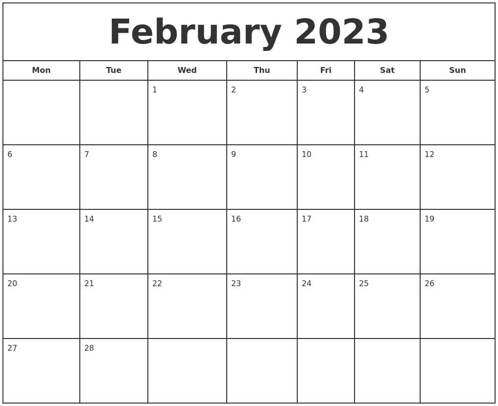 February 2023 Print Free Calendar