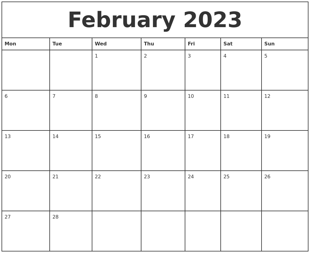 February 2023 Printable Monthly Calendar