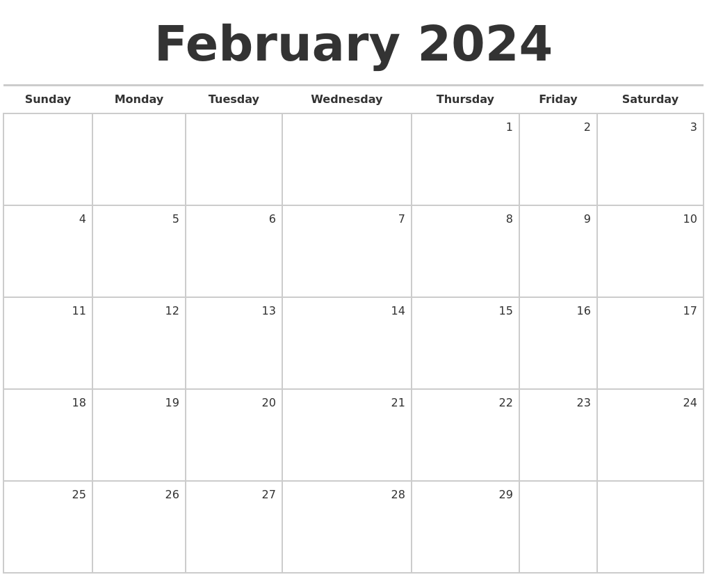 February 2024 Blank Monthly Calendar