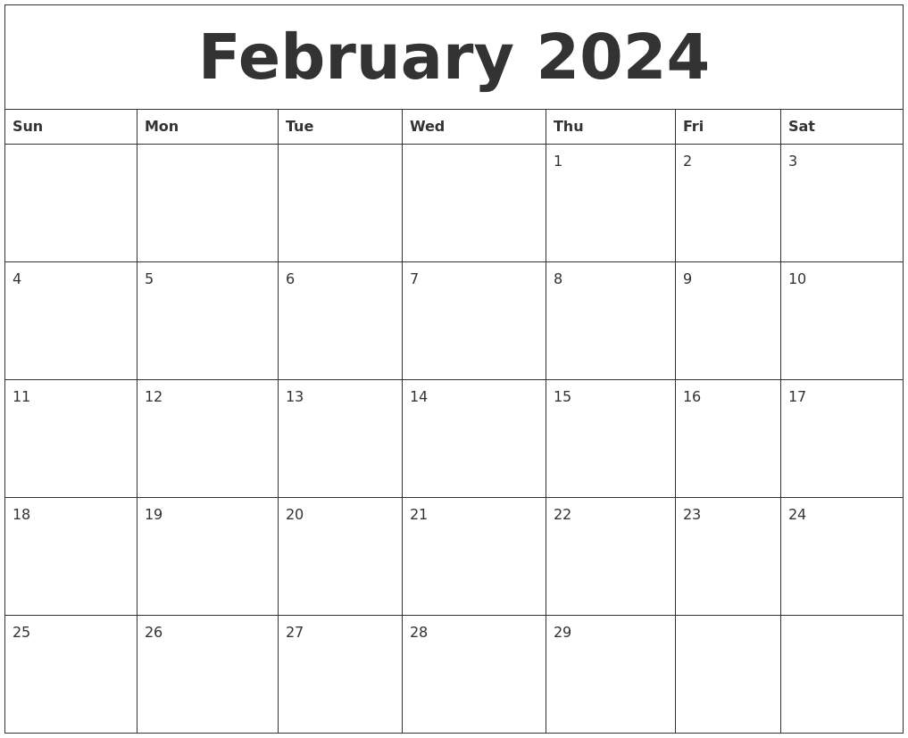 February 2024 Blank Monthly Calendar Template