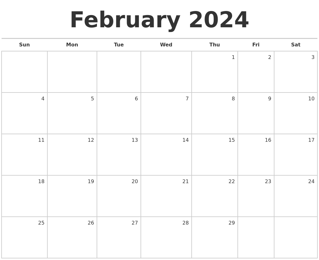 February 2024 Blank Monthly Calendar