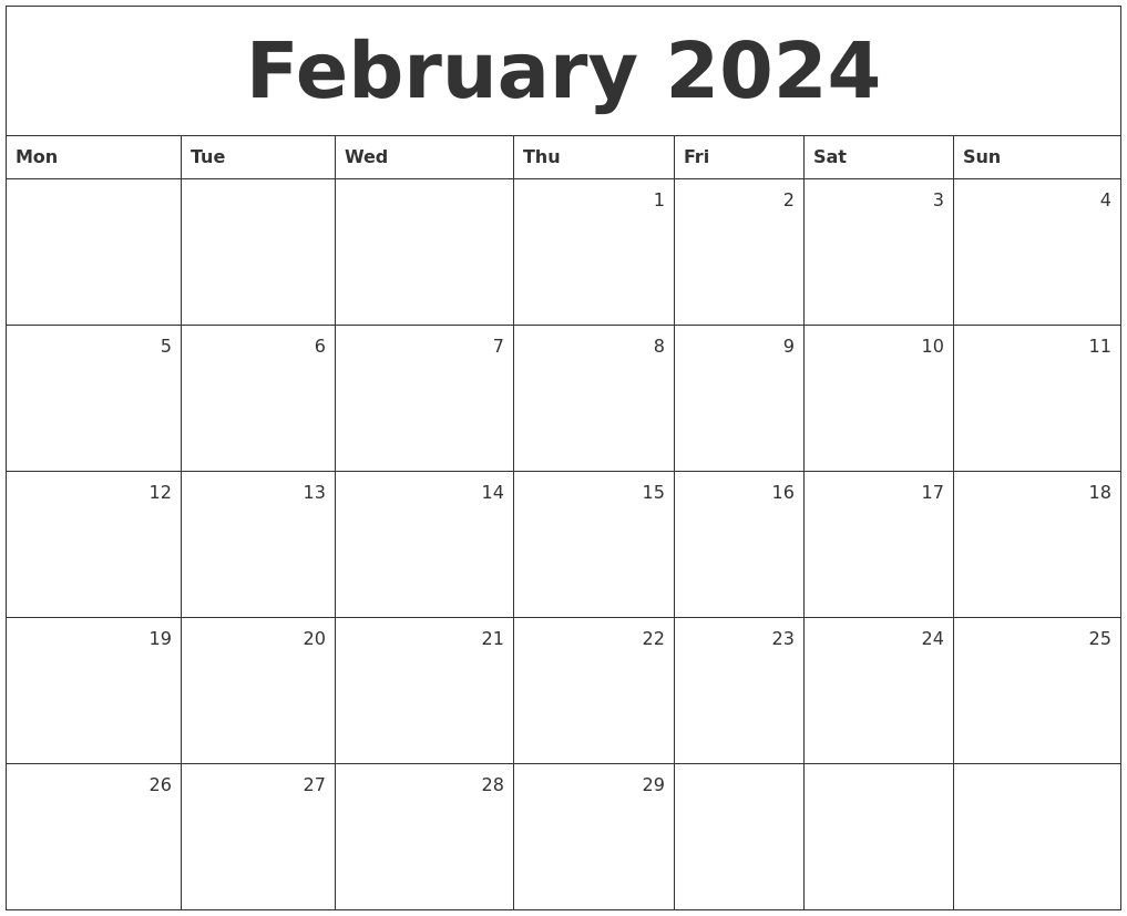 February 2024 Monthly Calendar