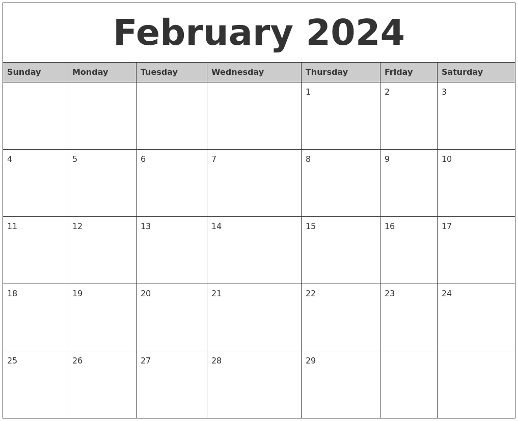 February 2024 Monthly Calendar Printable