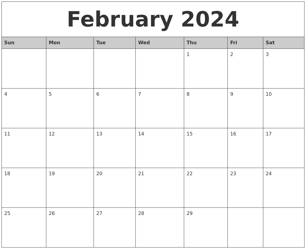 February 2024 Monthly Calendar Printable