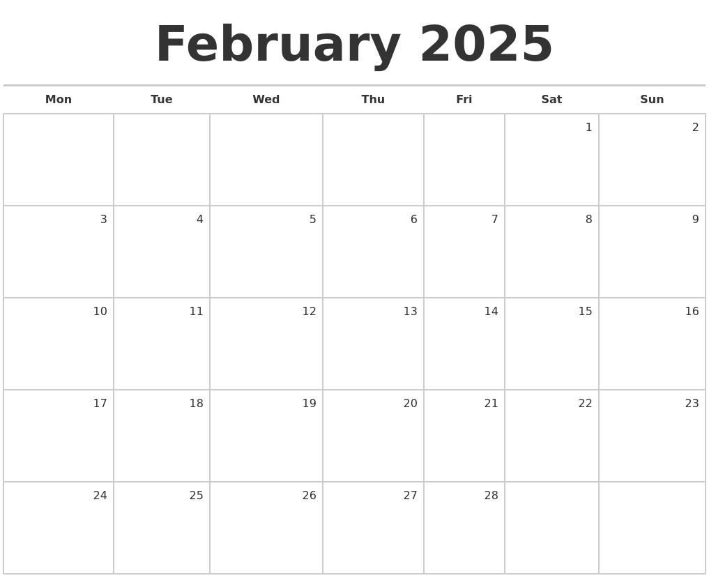 February 2025 Blank Monthly Calendar