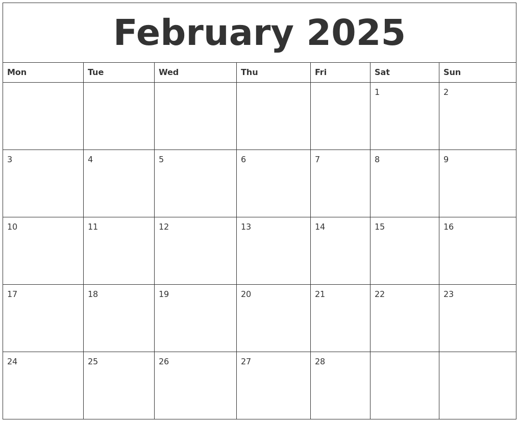 February 2025 Blank Monthly Calendar Template