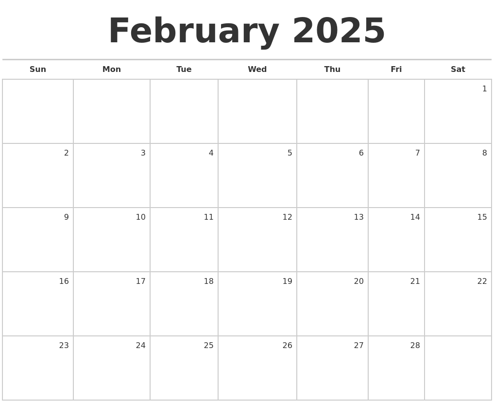 February 2025 Blank Monthly Calendar