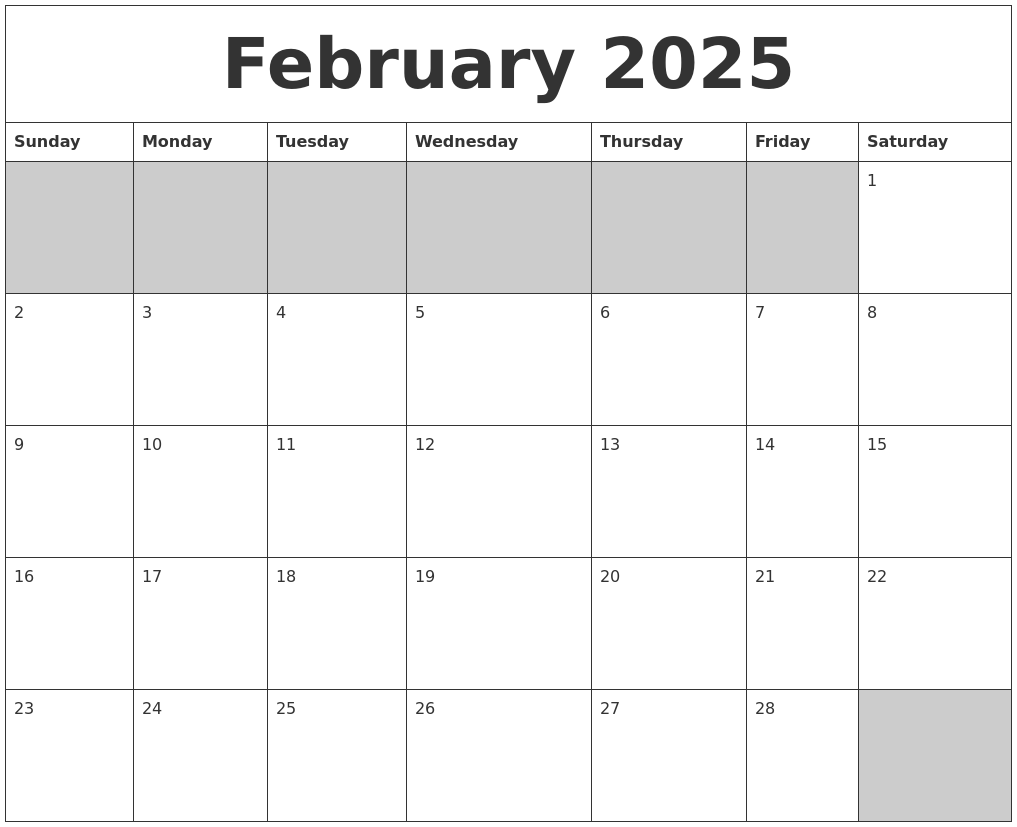 February 2025 Blank Printable Calendar
