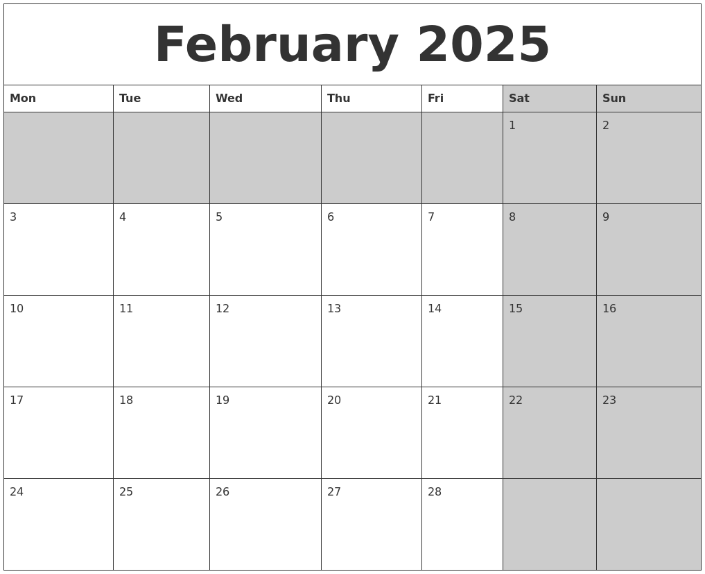February 2025 Calanders