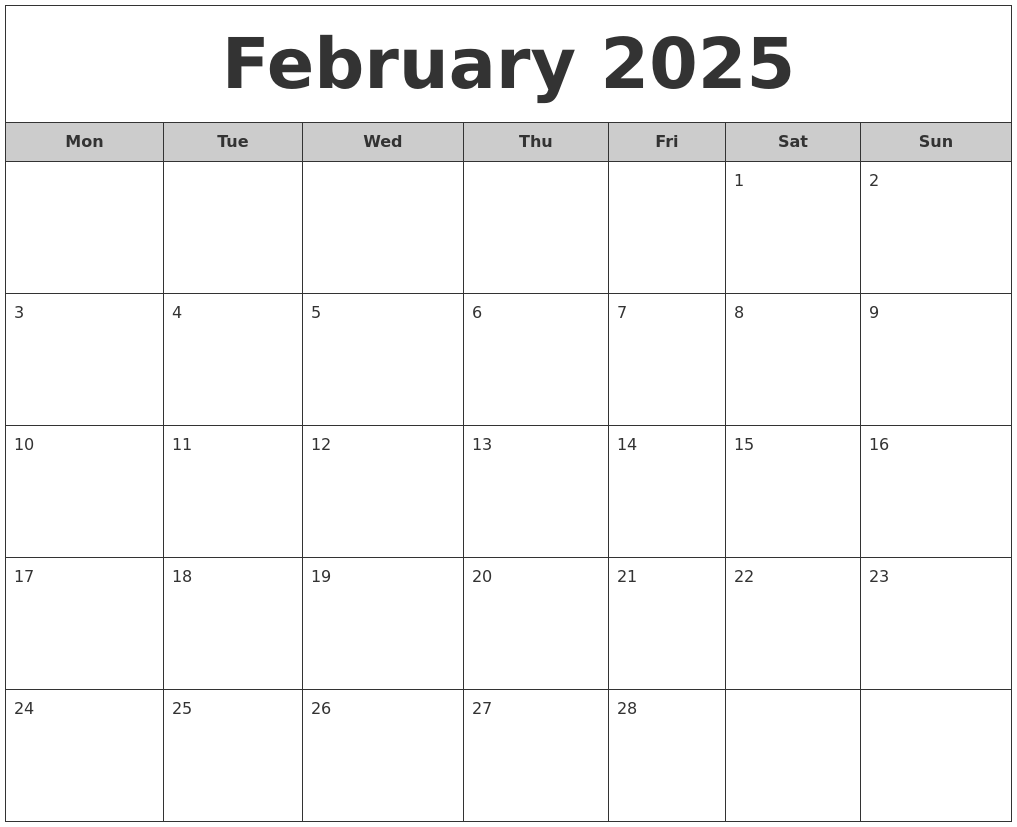 Calendar Month Of February 2025