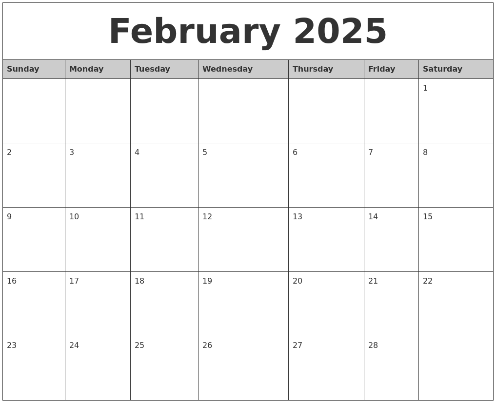 February 2025 Monthly Calendar Printable