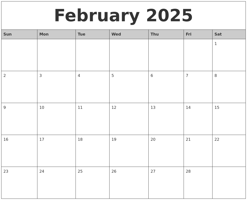 February 2025 Monthly Calendar Printable