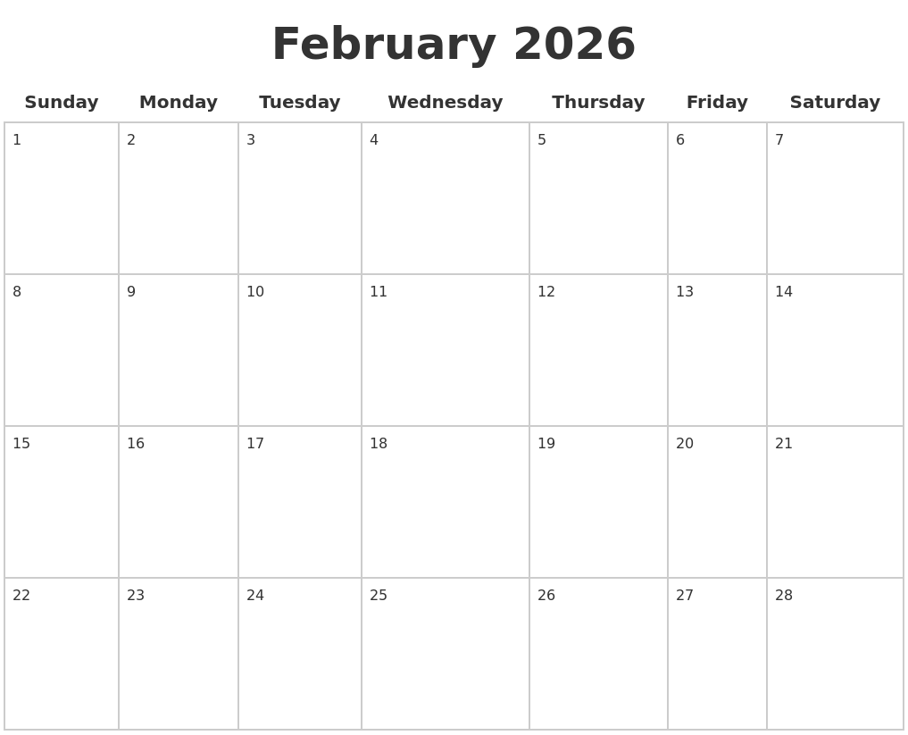 February 2026 Blank Calendar Pages